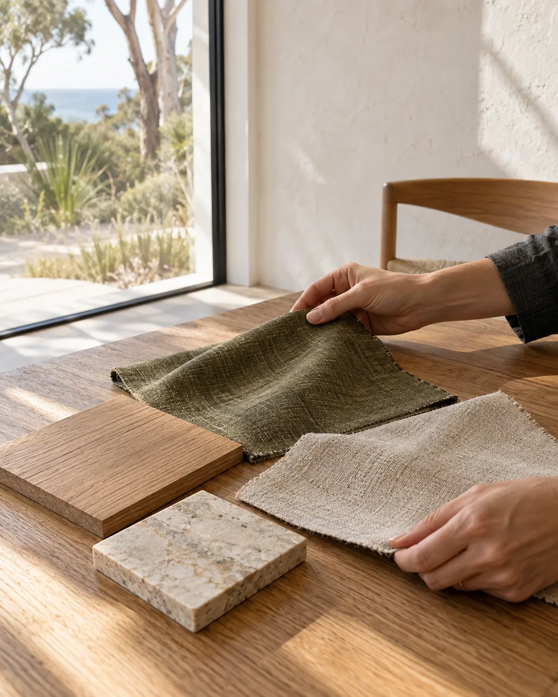 An interior designer comparing olive and oatmeal linen swatches beside oak and travertine samples on a sunlit table