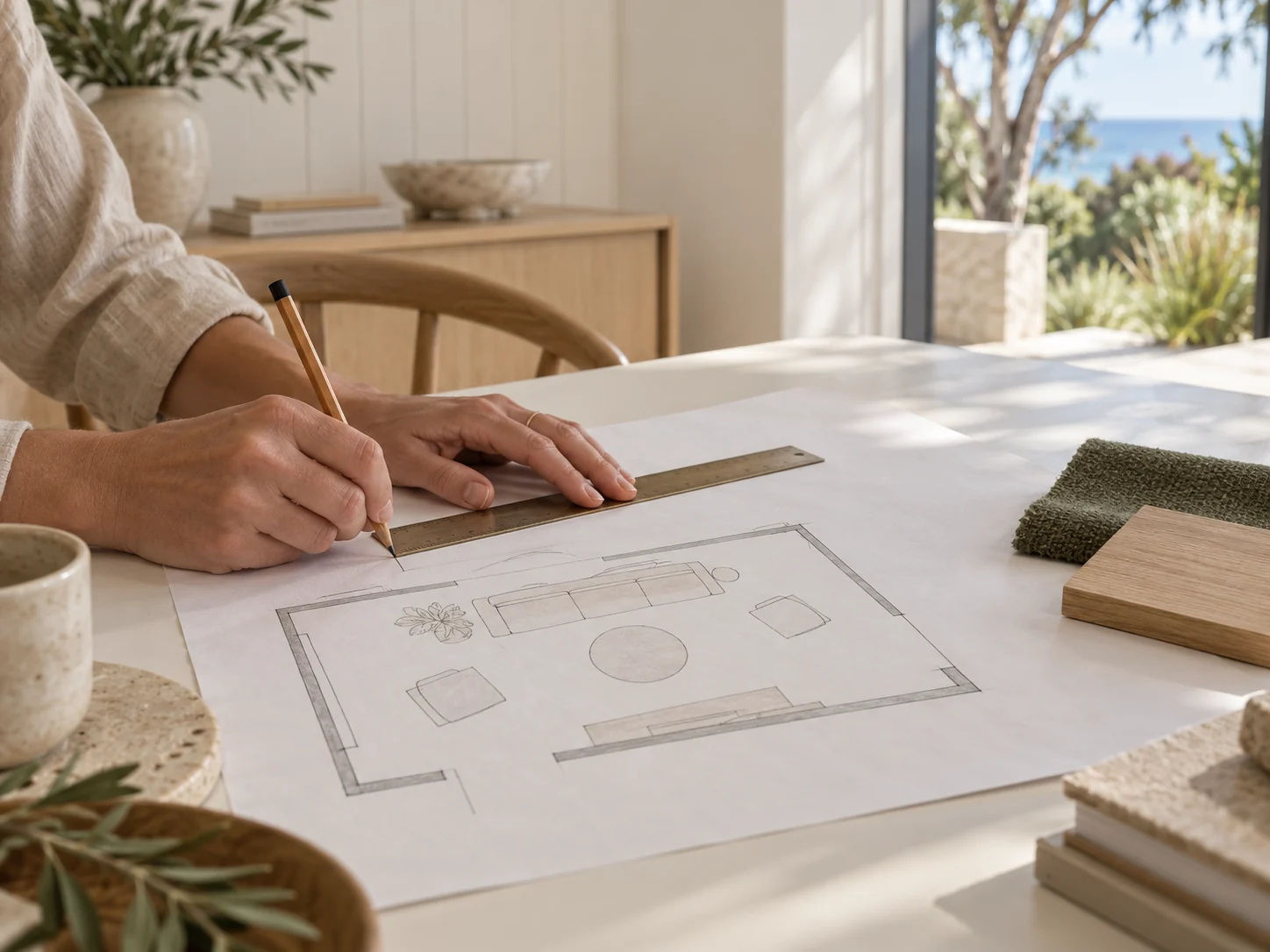 Hands drawing a living room furniture layout in pencil with a brass ruler, a green fabric swatch and an oak sample alongside
