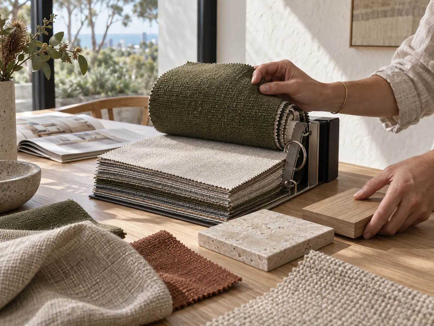 A designer turning through a fabric sample book of olive and oatmeal textiles beside travertine and oak samples