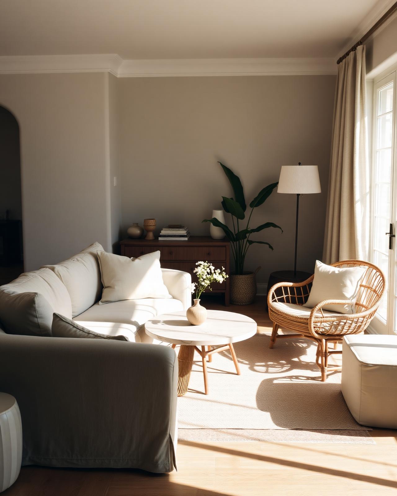 A considered Biku living room with layered timbers, a calm palette and natural light