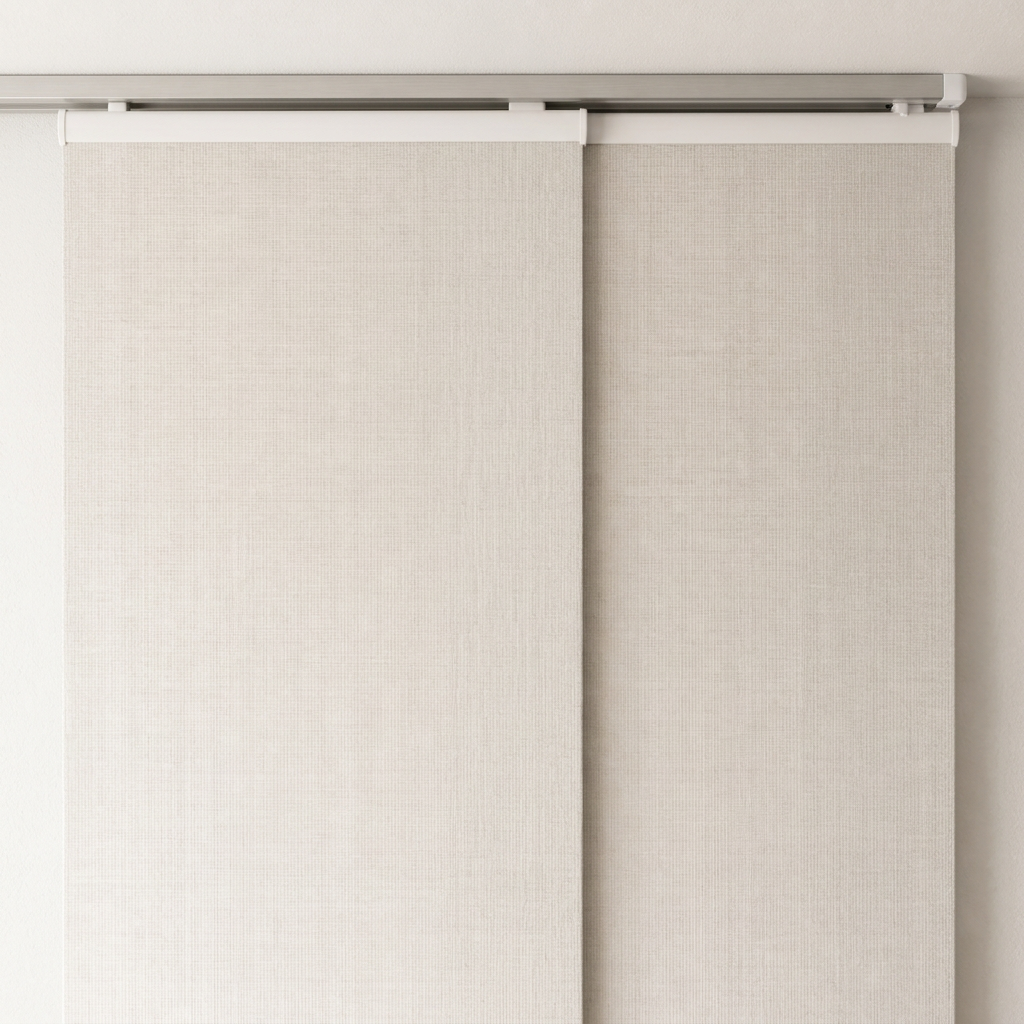 Close crop of the top track and carriers of a panel glide blind system.