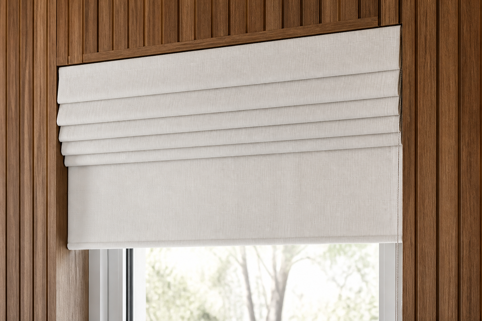 Close crop of the folded horizontal pleats at the top of a raised Roman blind.