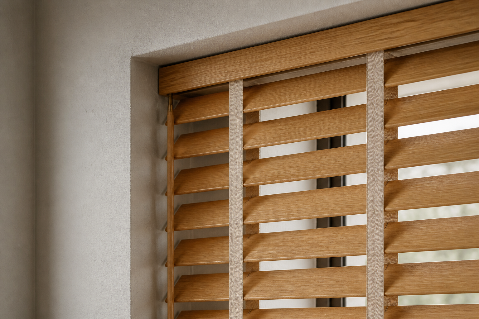 Close crop of horizontal timber slats and the tilt cord of a Venetian blind.