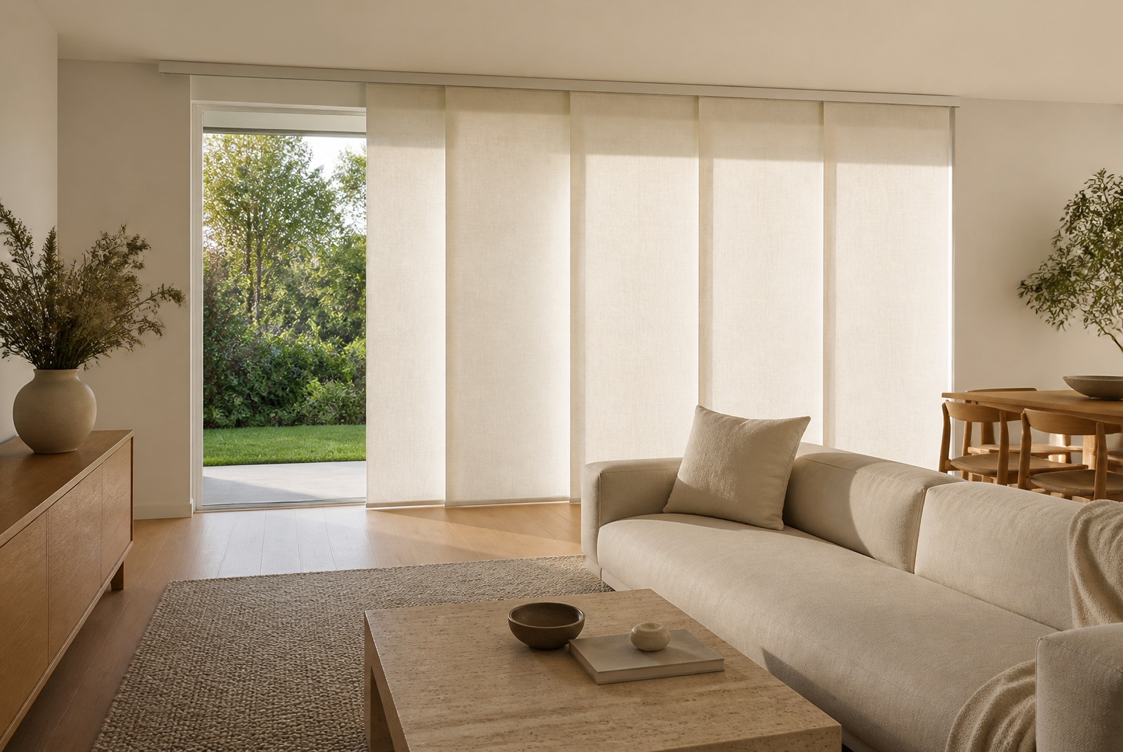 Open-plan living room with panel glide blinds across a wall of glass.