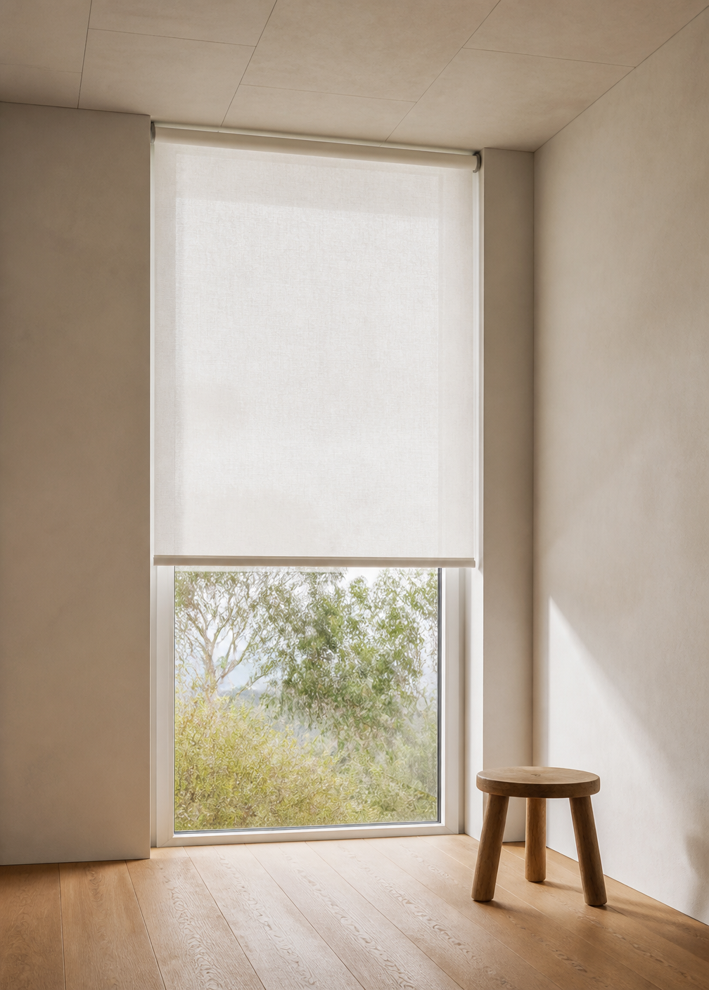 Living room with roller blinds lowered on a wide window.