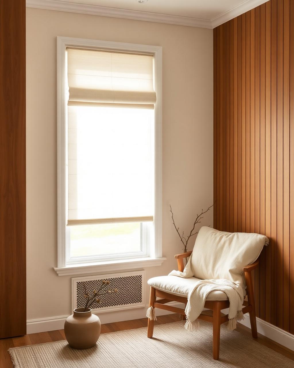 Bedroom with a Roman blind on a single window in warm neutral linen.