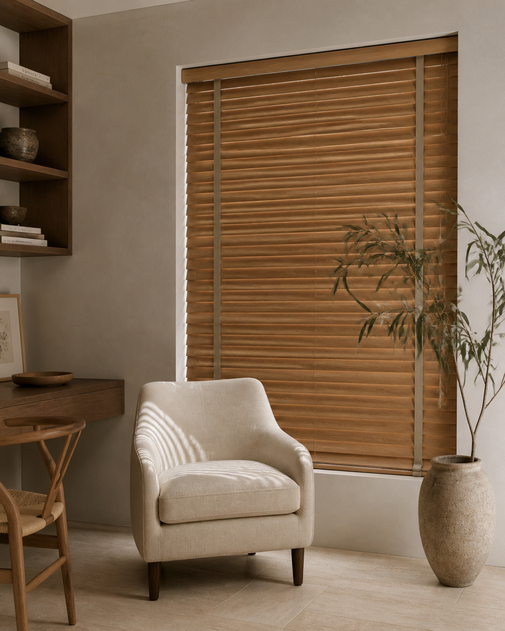 Living room with timber Venetian blinds on a window in warm daylight.