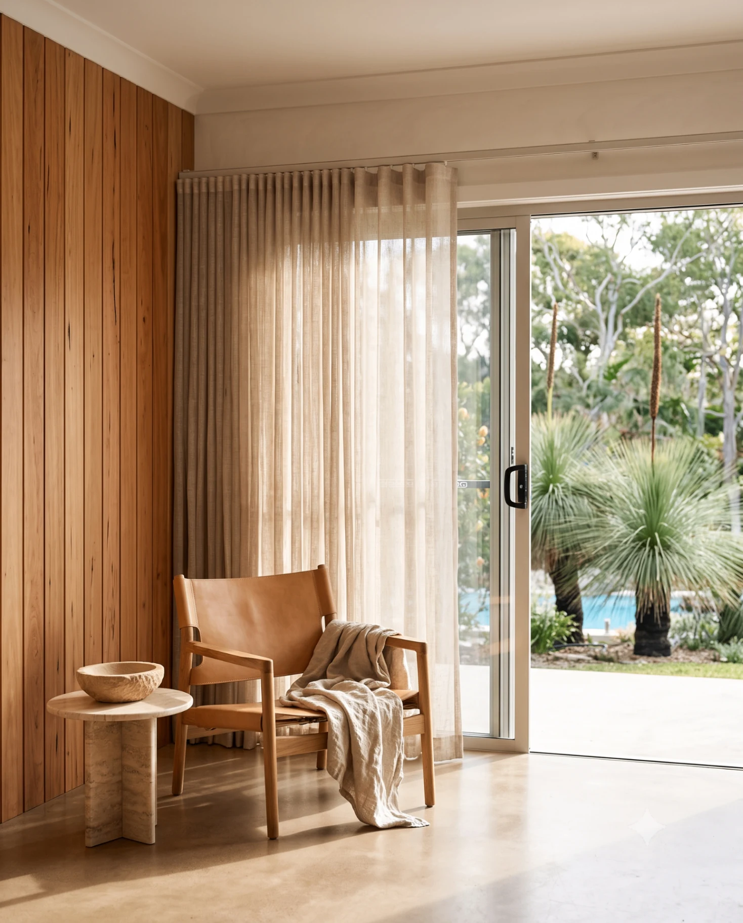 Living room with Veri Shades softening the light across sliding doors onto a deck.