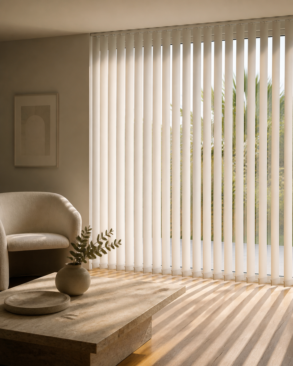 Room with vertical blinds drawn across a wide window.