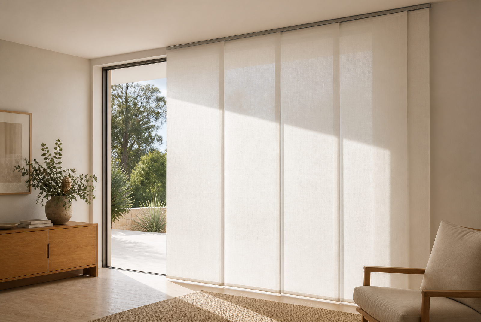 Panel glide blinds sliding across a full-height glass sliding door.