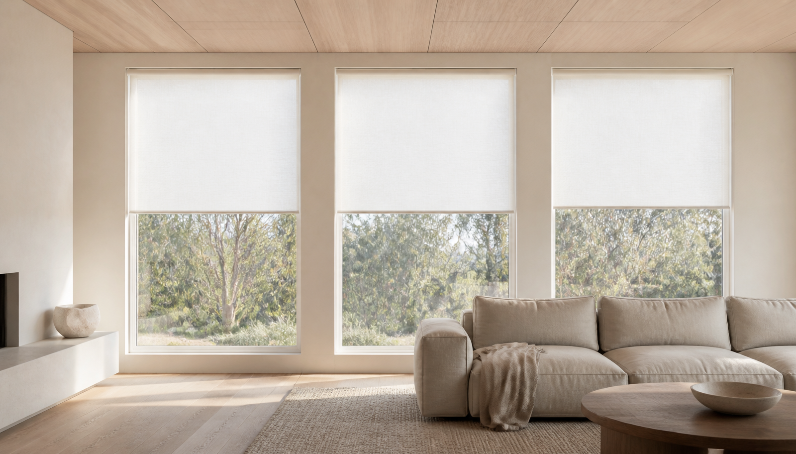 A roller blind lowered across a window in soft daylight.