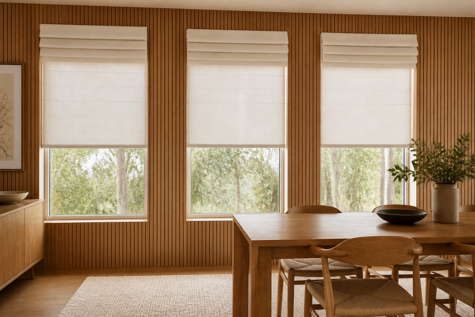 A Roman blind partly raised, folding into soft horizontal pleats.