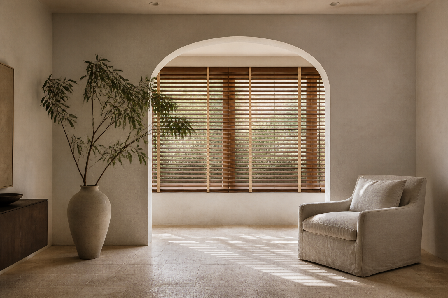 Timber Venetian blinds tilted partly open on a window.