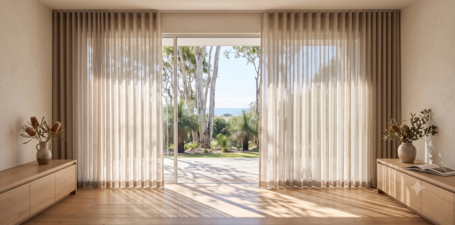 Veri Shades hanging across a sliding door with soft fabric vanes rotated to translucent.