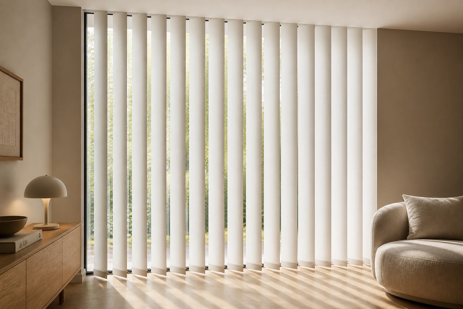 Vertical blinds tilted partly open on a tall window.