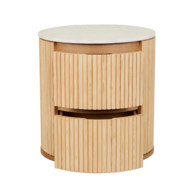 Benjamin Ripple Marble Round Bedside - Matt White Marble 56 x 47 x 59cm - Biku Furniture & Homewares