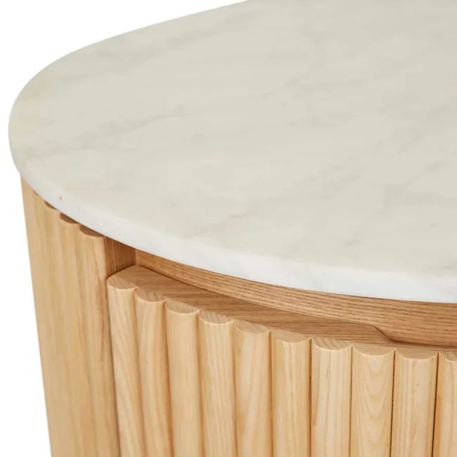 Benjamin Ripple Marble Round Bedside - Matt White Marble 56 x 47 x 59cm - Biku Furniture & Homewares