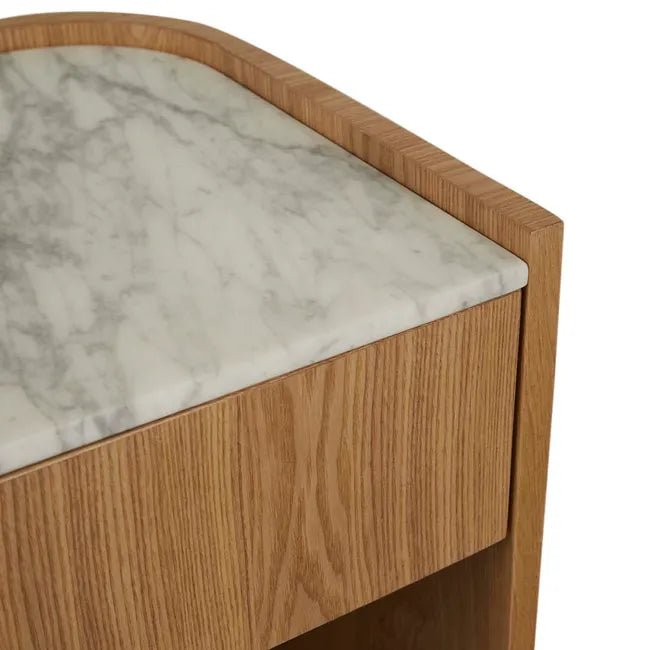 Elsie Bedside - Matt White Marble - Natural Ash - Biku Furniture & Homewares
