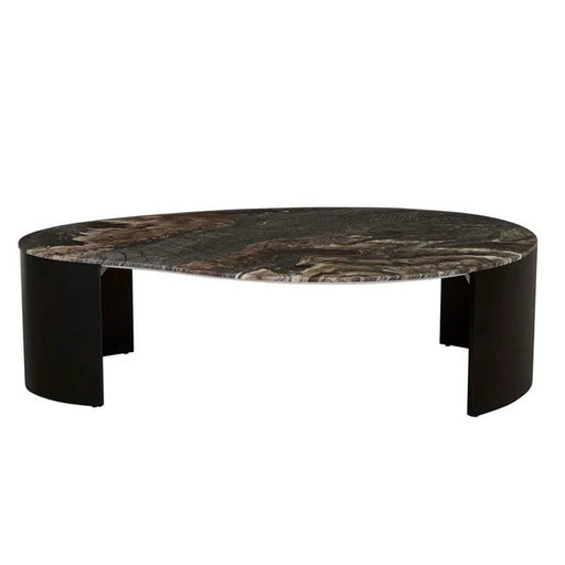 Oberon Curve Marble Coffee Table - Matt Storm Marble - Matt Dark Oak - Biku Furniture & Homewares
