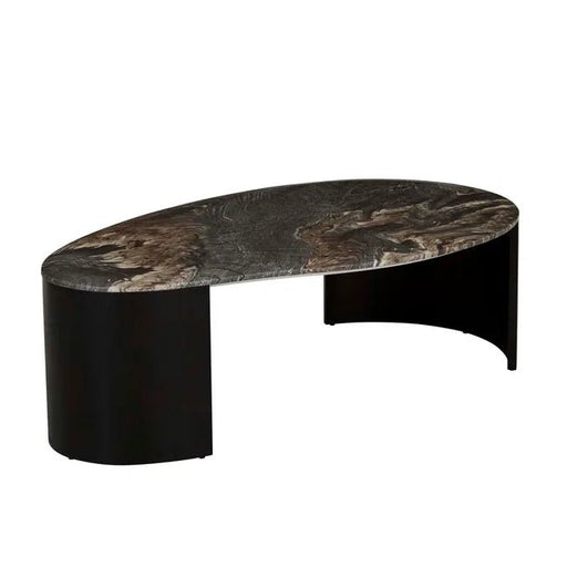 Oberon Curve Marble Coffee Table - Matt Storm Marble - Matt Dark Oak - Biku Furniture & Homewares