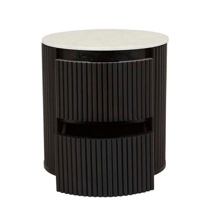 Benjamin Ripple Marble Round Bedside - Matt White Marble - Matt Black