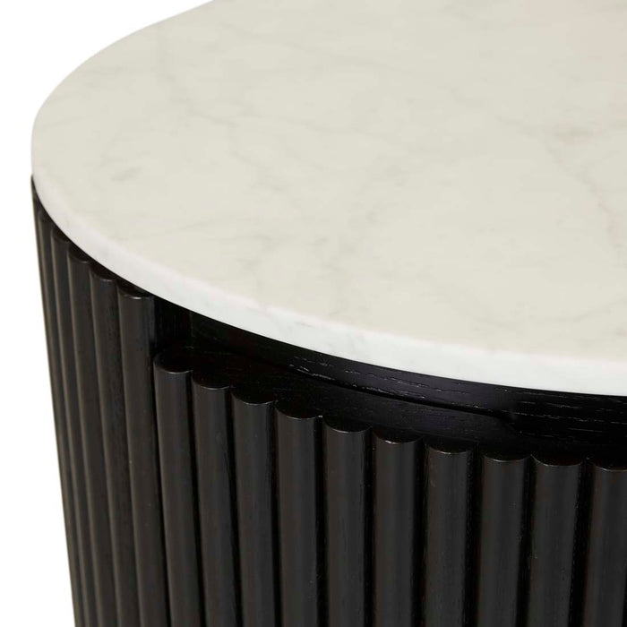 Benjamin Ripple Marble Round Bedside - Matt White Marble - Matt Black