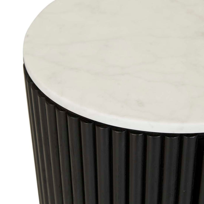 Benjamin Ripple Marble Round Bedside - Matt White Marble - Matt Black