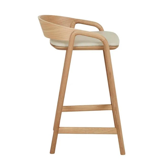 Tolv Inlay Upholstered Barstool - Limestone Leather - Light Oak 54 x 49 x 78cm - Biku Furniture & Homewares