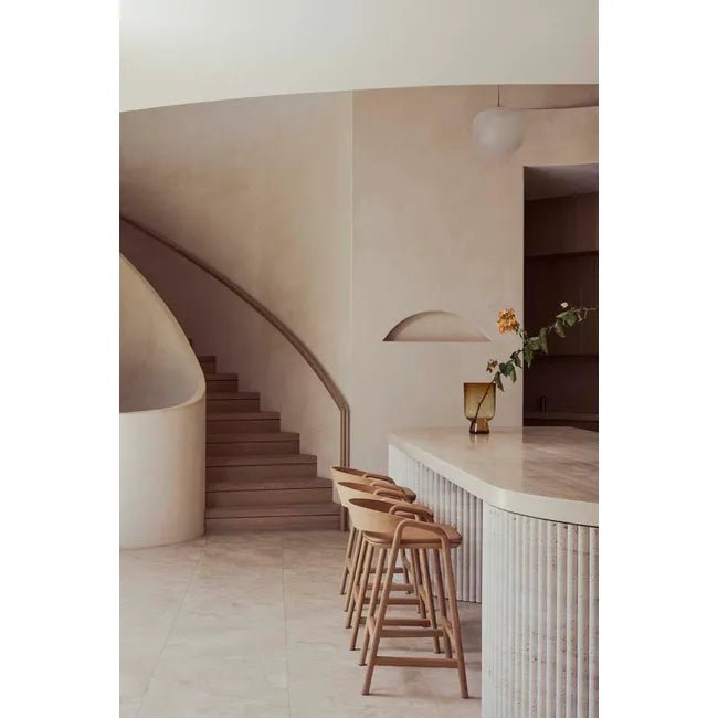 Tolv Inlay Upholstered Barstool - Limestone Leather - Light Oak 54 x 49 x 78cm - Biku Furniture & Homewares