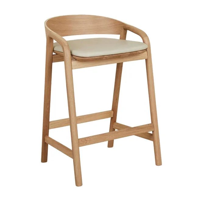 Tolv Inlay Upholstered Barstool - Limestone Leather - Light Oak 54 x 49 x 78cm - Biku Furniture & Homewares
