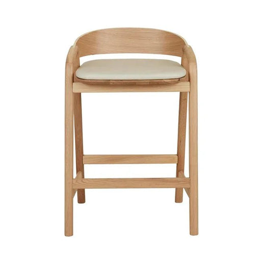 Tolv Inlay Upholstered Barstool - Limestone Leather - Light Oak 54 x 49 x 78cm - Biku Furniture & Homewares