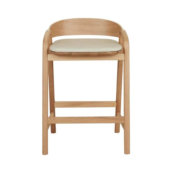 Tolv Inlay Upholstered Barstool - Limestone Leather - Light Oak 54 x 49 x 78cm - Biku Furniture & Homewares