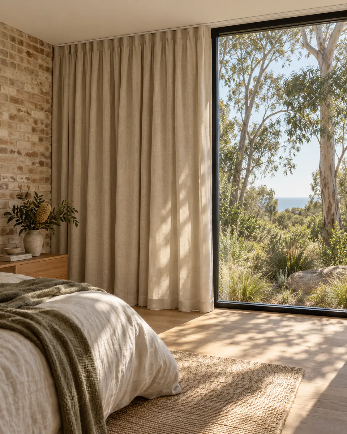 Opaque floor-length curtains partly drawn across black-framed glazing in a coastal brick bedroom.