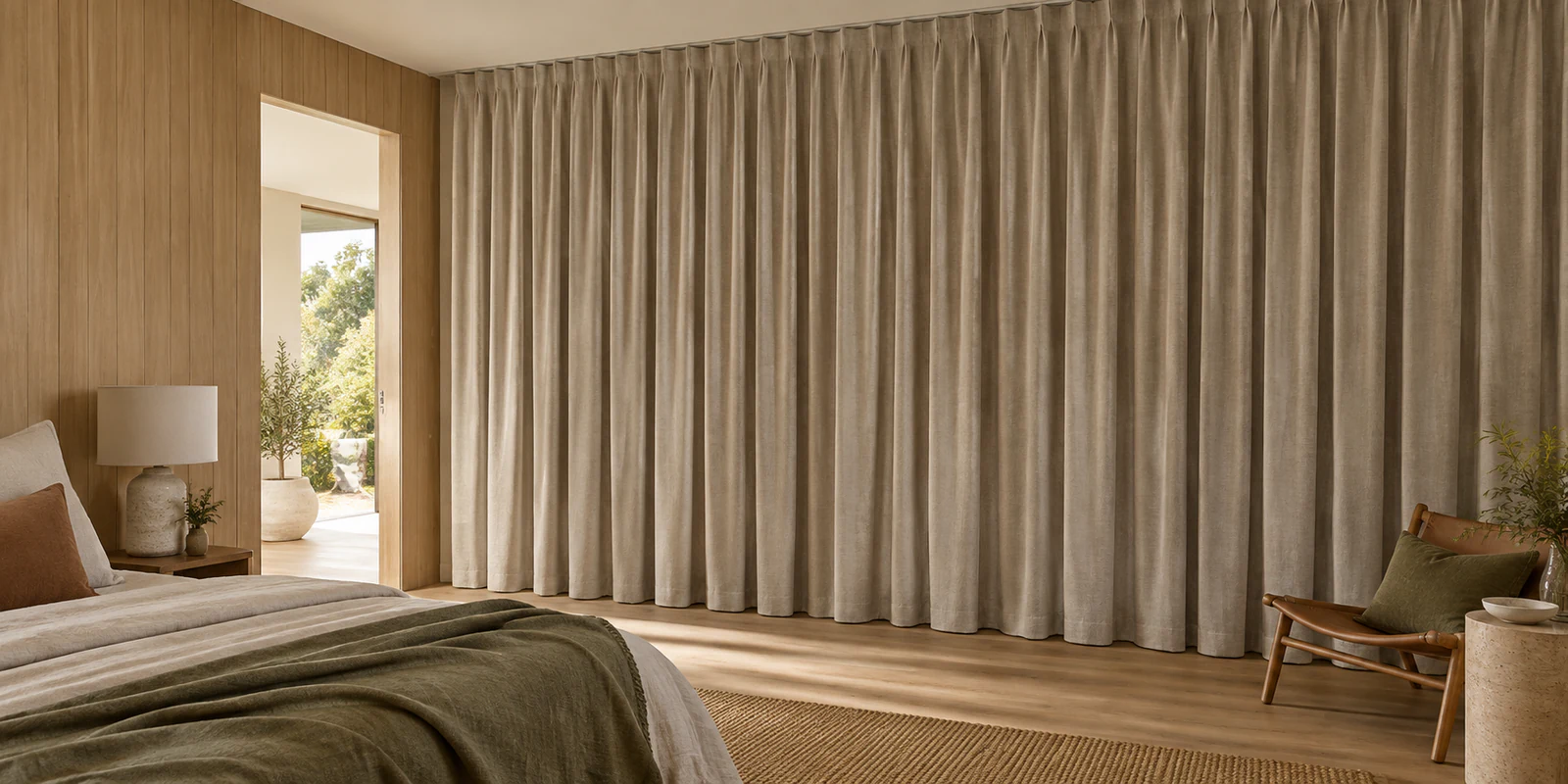 Floor-length opaque stone blockout curtains drawn across a black-framed window.