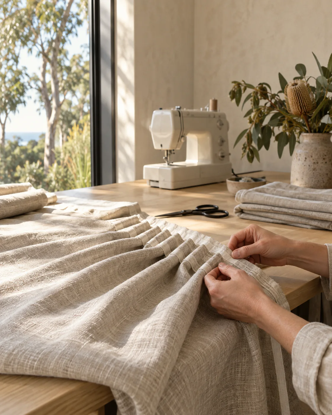 Illustrative curtain-making scene showing hands finishing a linen-look curtain heading on a timber worktable.