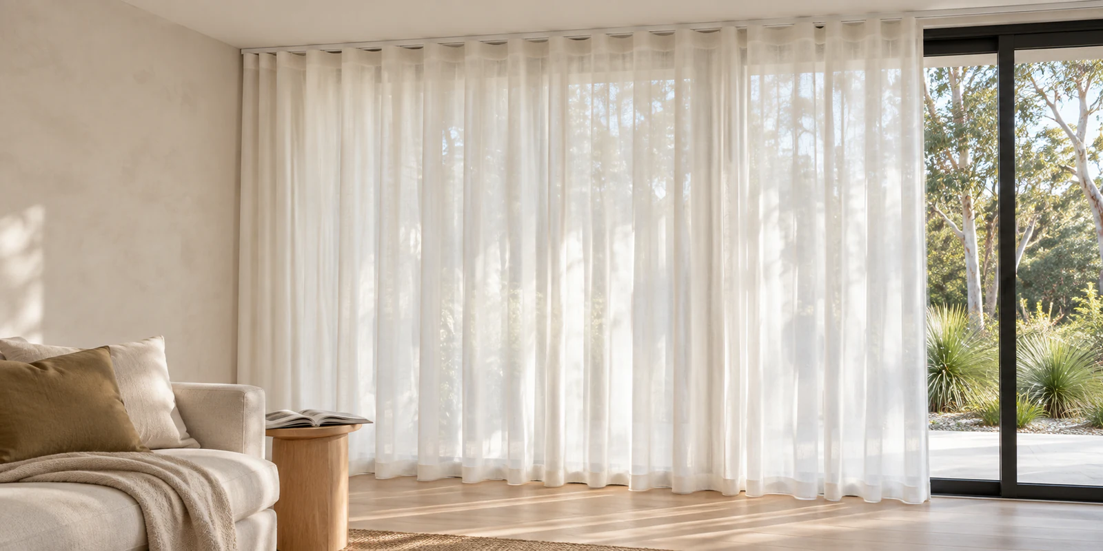 Full-height ivory wave curtains on a visible ceiling-line track overlooking an Australian native garden.