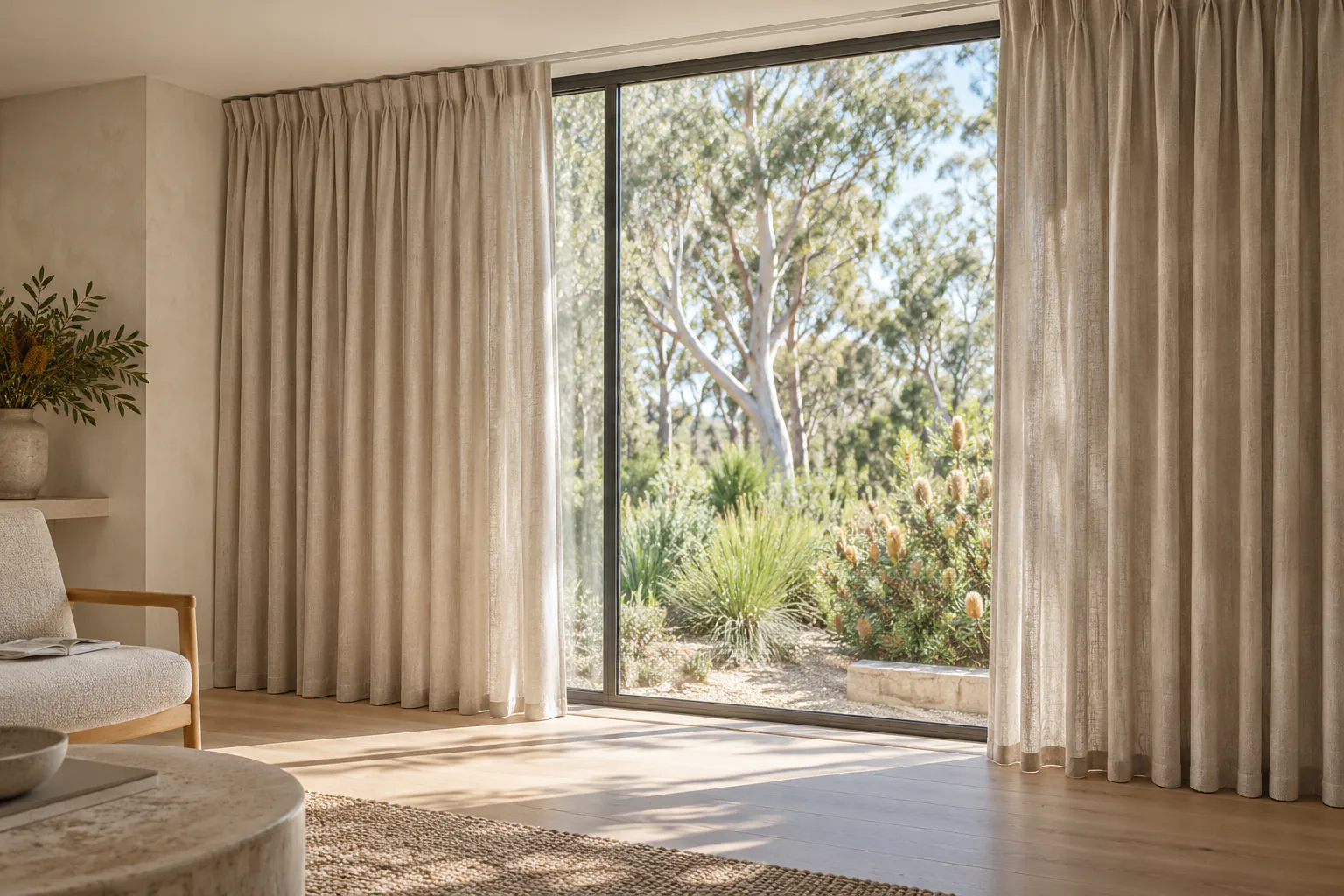 Oatmeal pinch-pleat curtains framing a garden window in a softly lit bagged-render room.