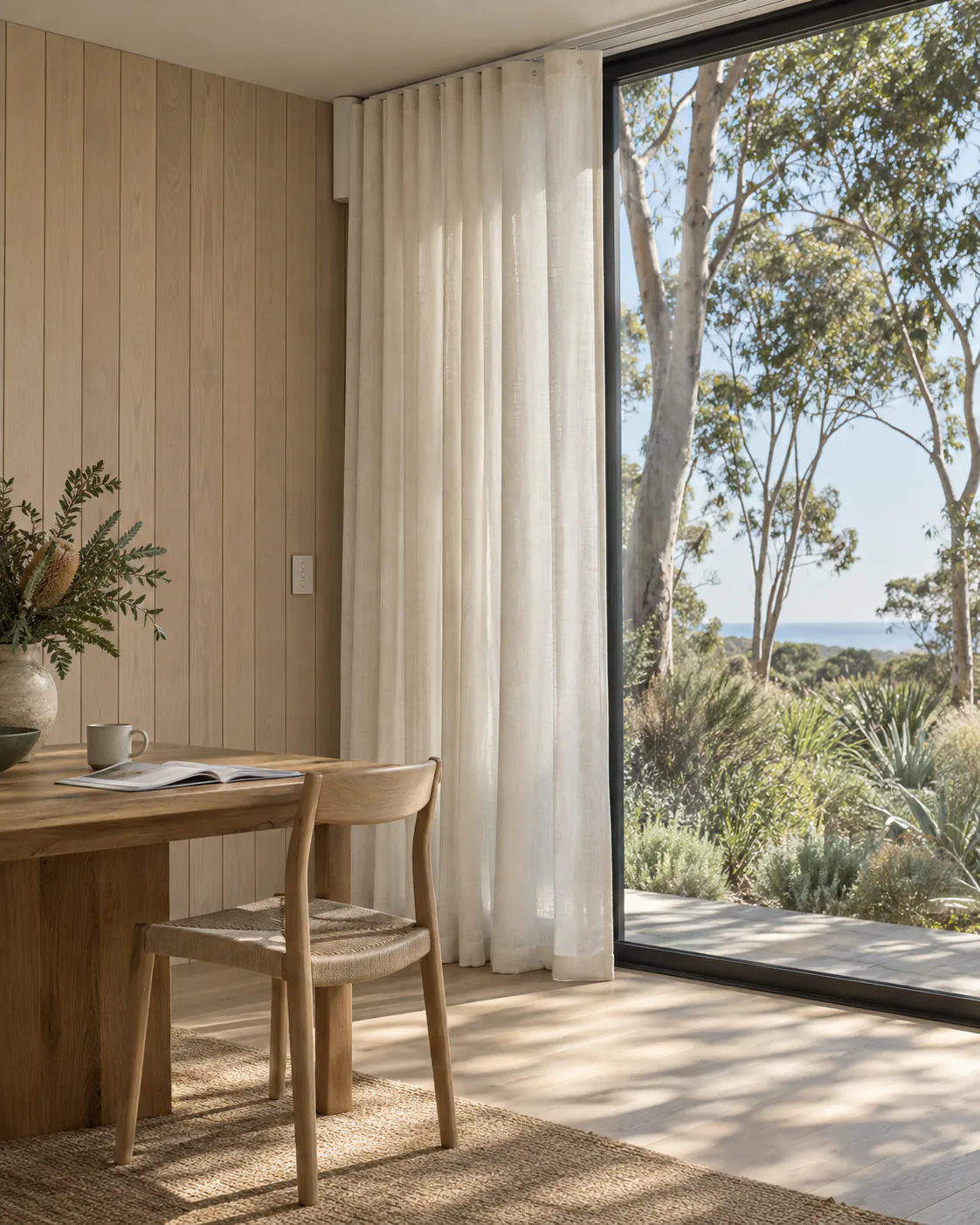 Full-height curtains with a discreet rail-end motor and wall control in a timber-panelled room.