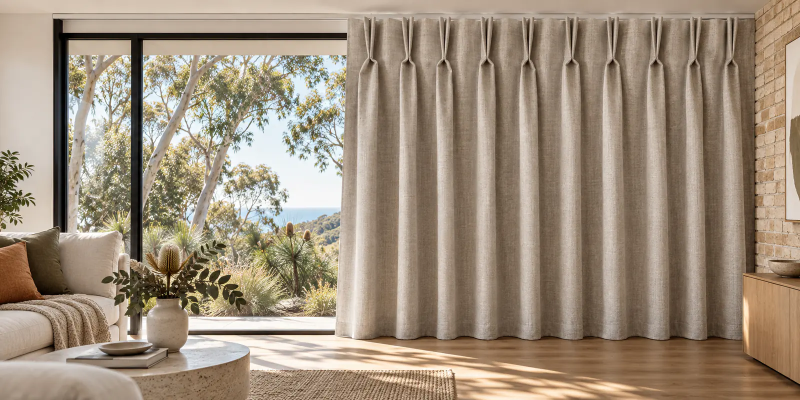 Floor-length oatmeal pinch-pleat curtains with stitched heading groups and relaxed vertical folds.