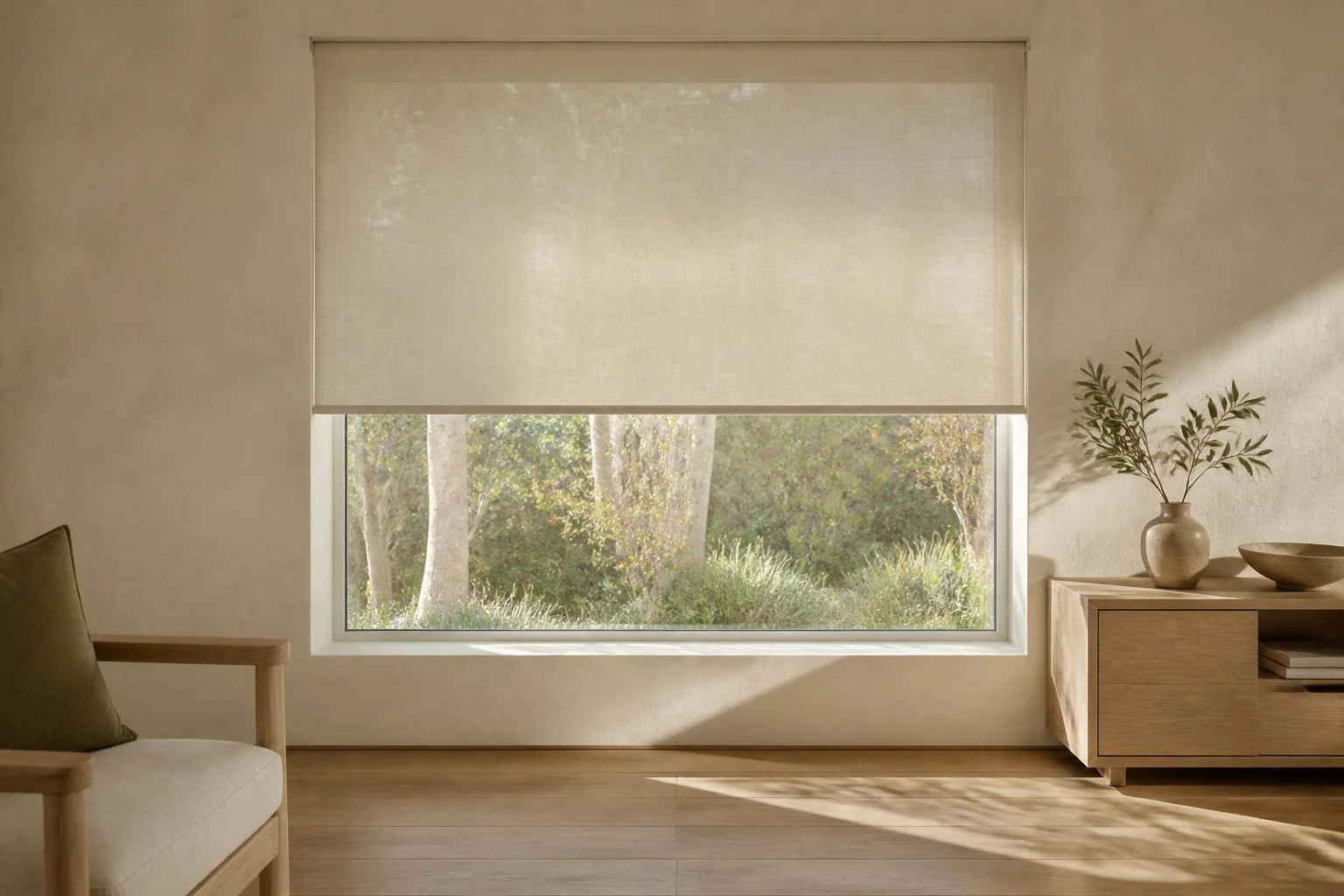 A roller blind lowered over a window in soft daylight.