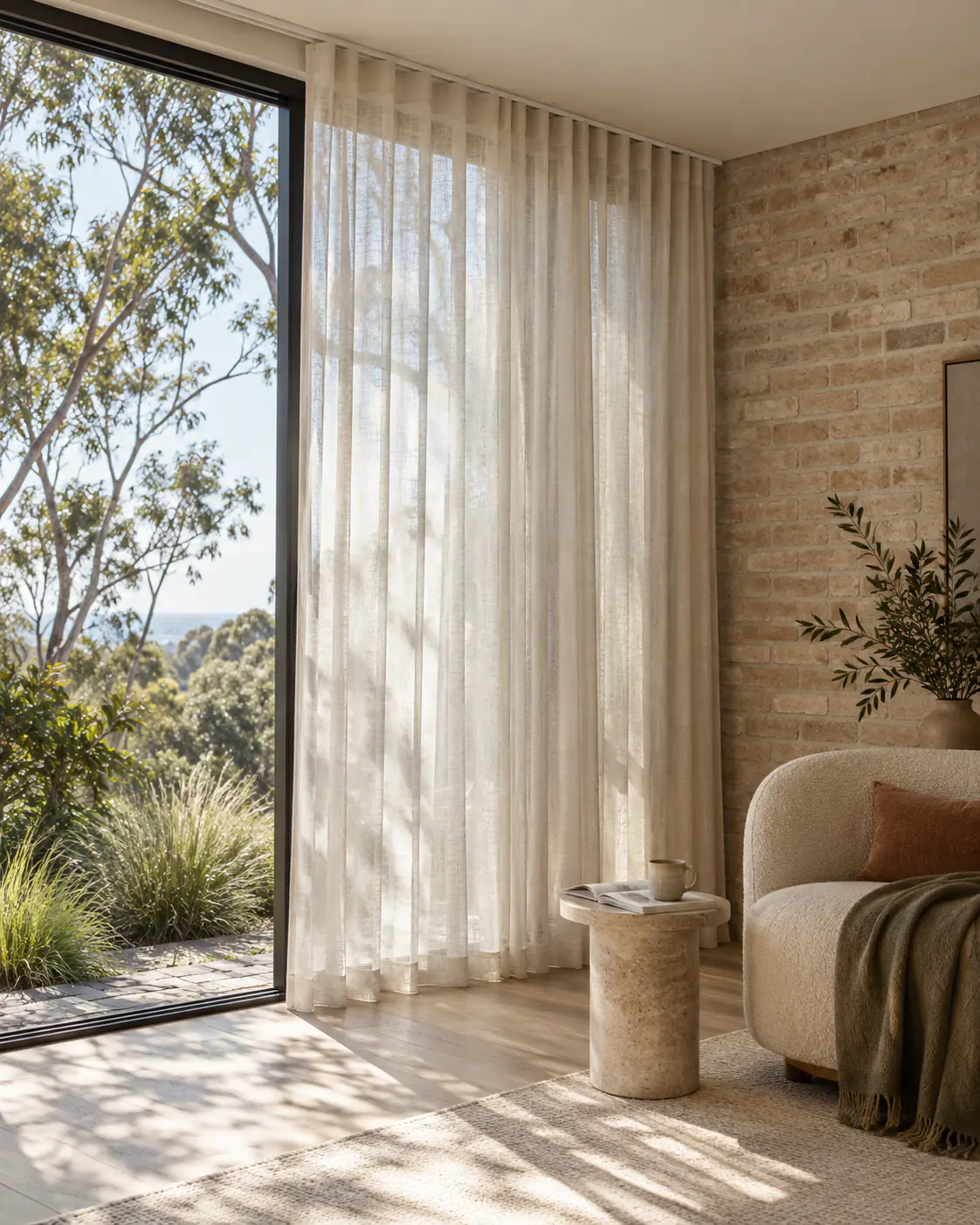 Daylight filtering through full-height ivory wave curtains in a sandy-brick coastal room.