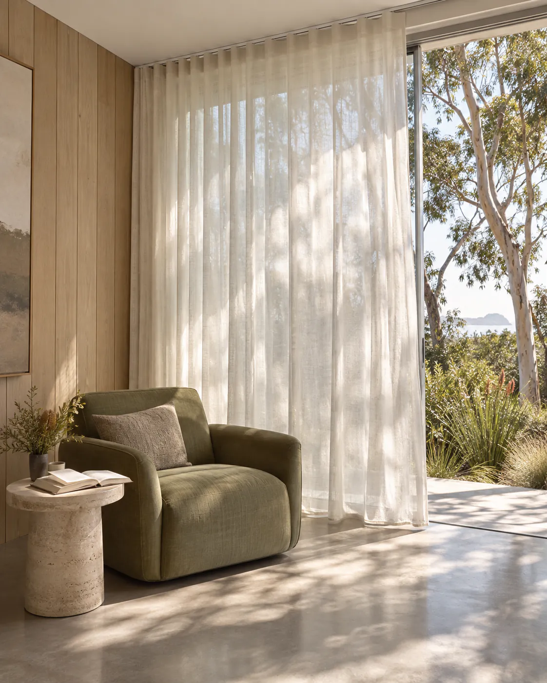 Ceiling-to-floor sheer curtains in a pale timber-panelled room overlooking native greenery.