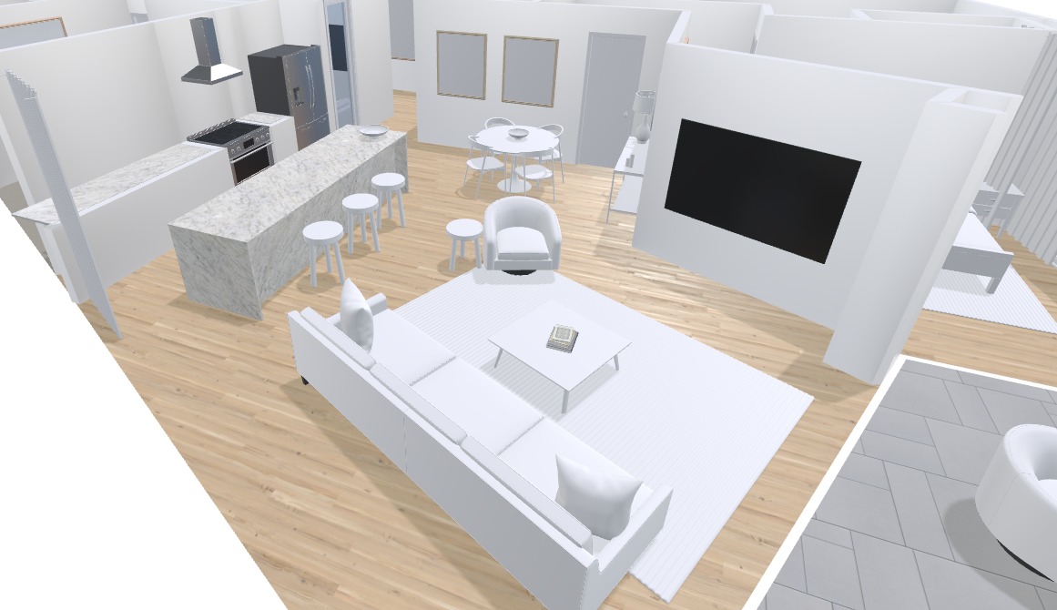 A Biku 3D plan of an open-plan living, dining and kitchen, every piece placed to scale