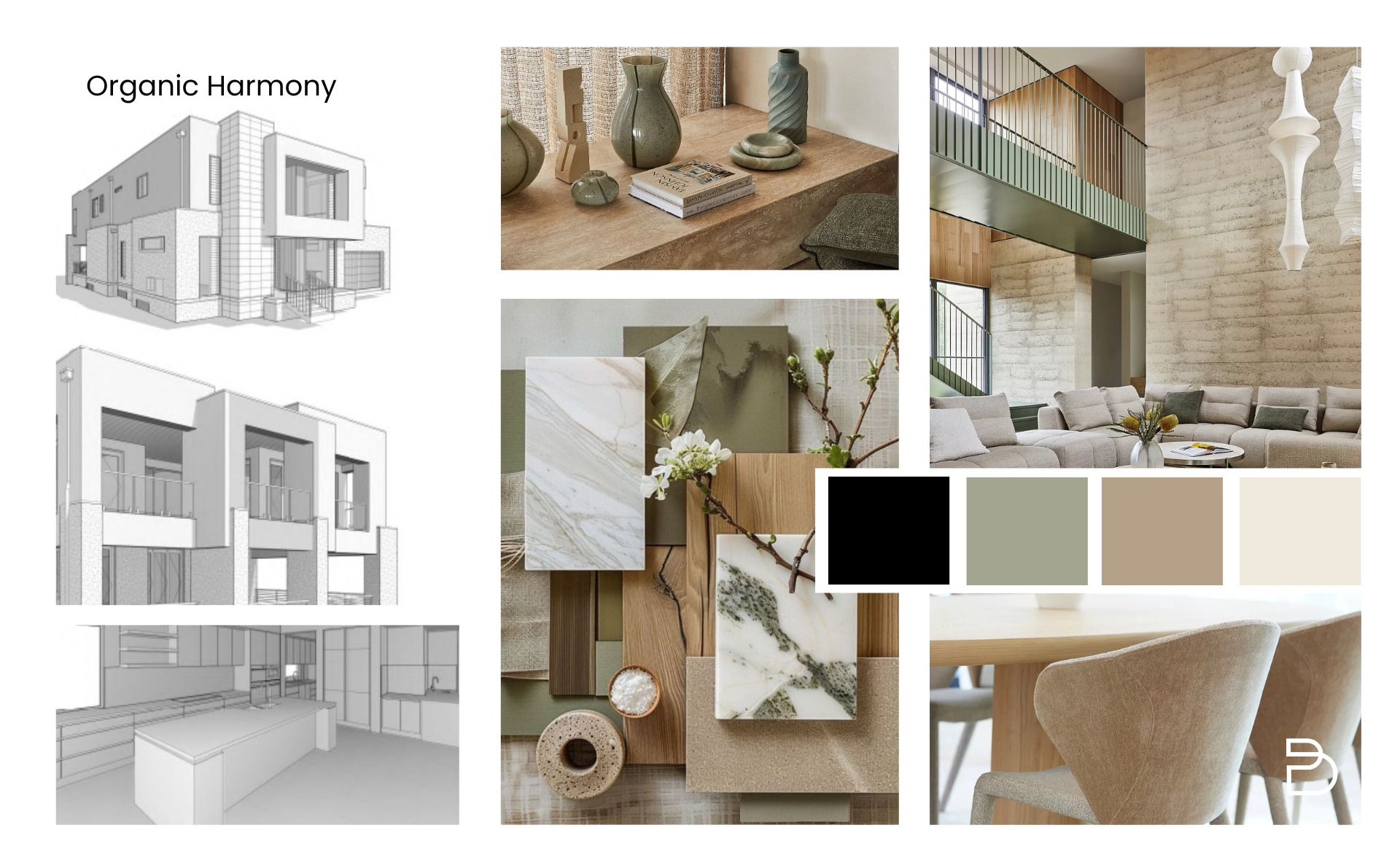 A Biku concept board with material flat-lays, palette strip and references