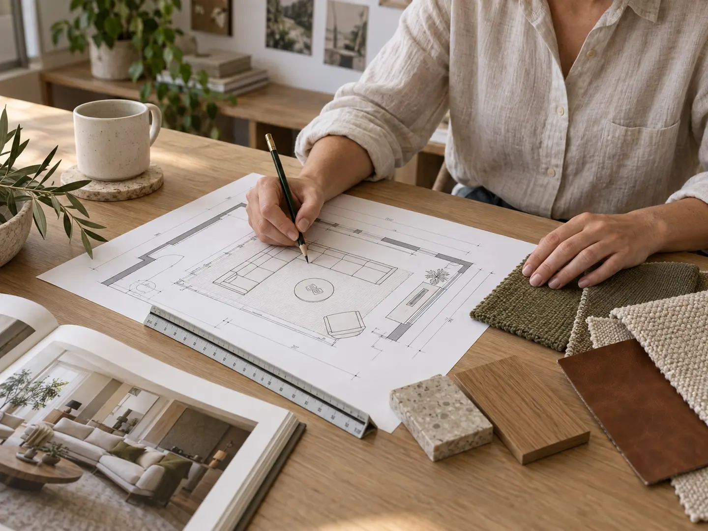 A designer planning a modular sofa layout with olive fabric, leather and timber samples