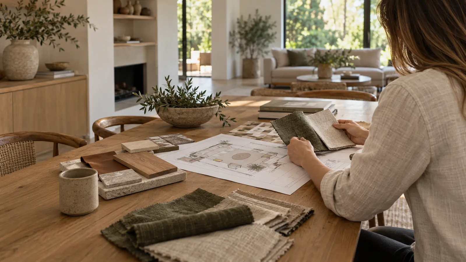 A designer comparing olive and oatmeal fabric samples beside a room plan at an oak table