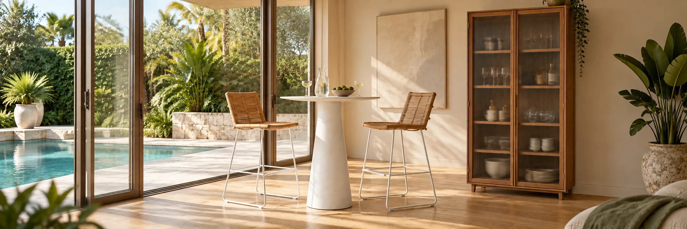 Livorno Cafe Bar Table - White Speckle in a warmly styled coastal home