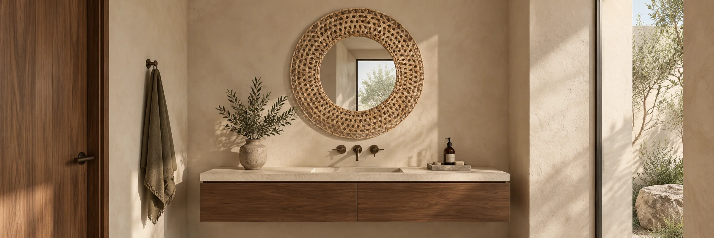 Marseille Water Hyacinth Mirror in a warmly styled coastal home