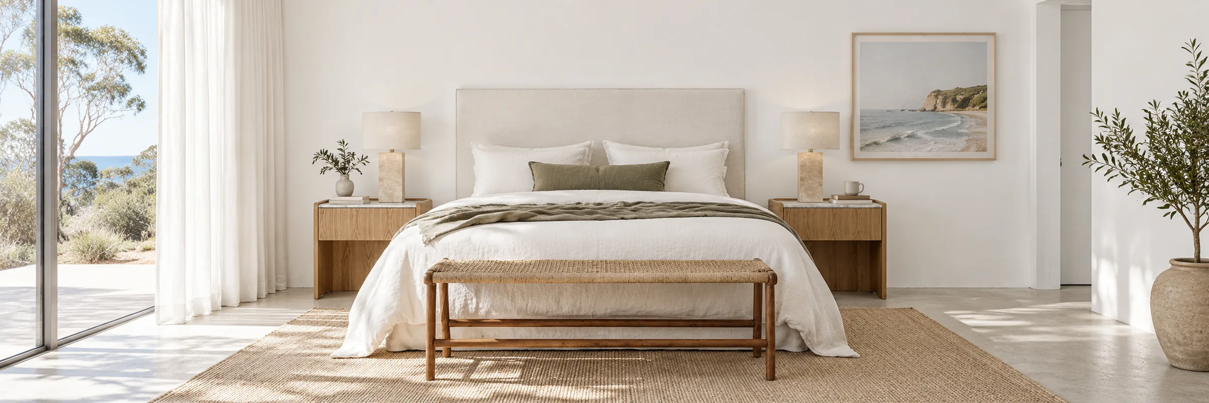 Vittoria Slip Cover Bedheads styled in a furnished white coastal home