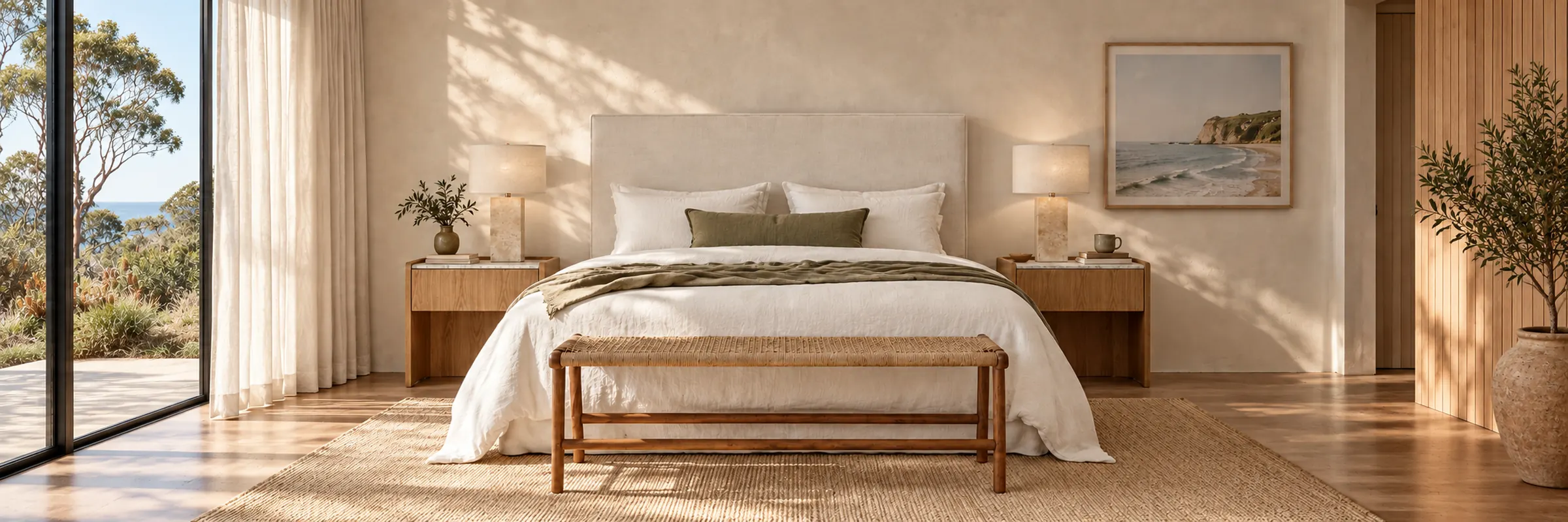 Vittoria Slip Cover Bedheads in a warmly styled coastal home